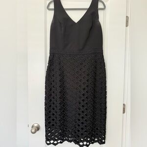 White House Black Market Black Sleeveless V-Neck Dress with Lattice Overlay
